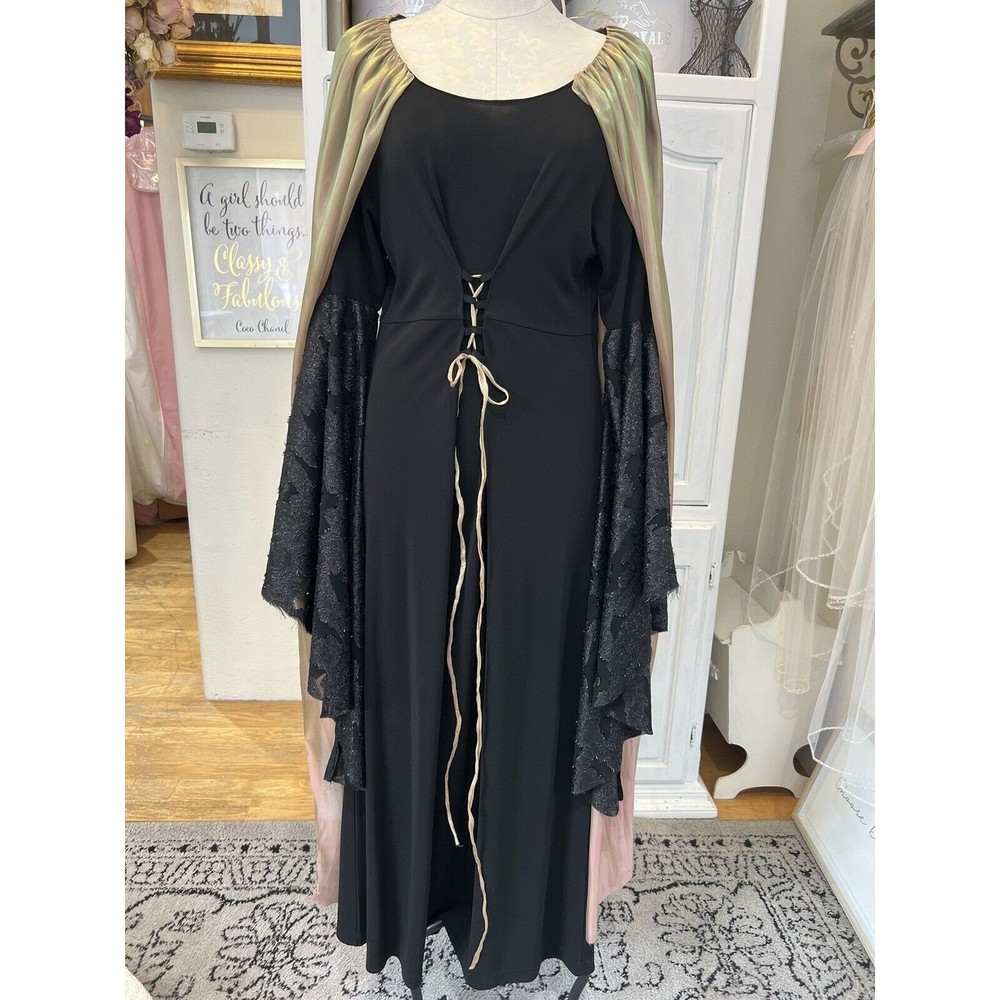 Shakespearian Dress Costume Black Ponte Knit Silk Cape Long Sleeves Front Tie M